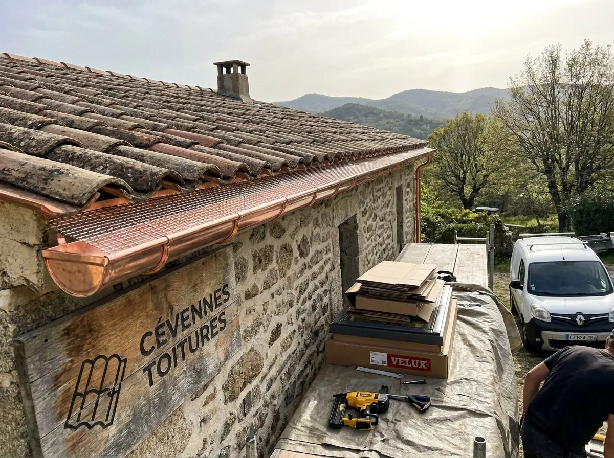 Gouttière en cuivre avec grille posée par Cévennes Toitures sur une maison en pierre près d'Alès, collines cévenoles au fond