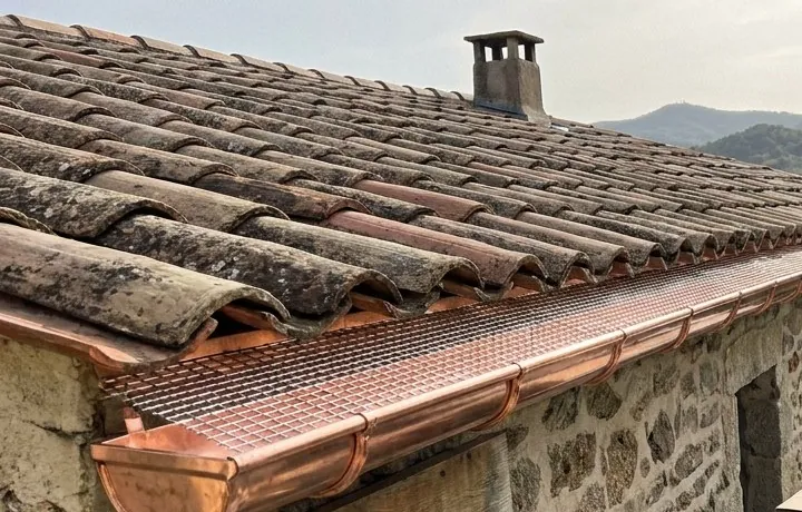 Gouttière neuve en cuivre avec grille pare-feuilles sous des tuiles canal anciennes, maison en pierre près d'Alès