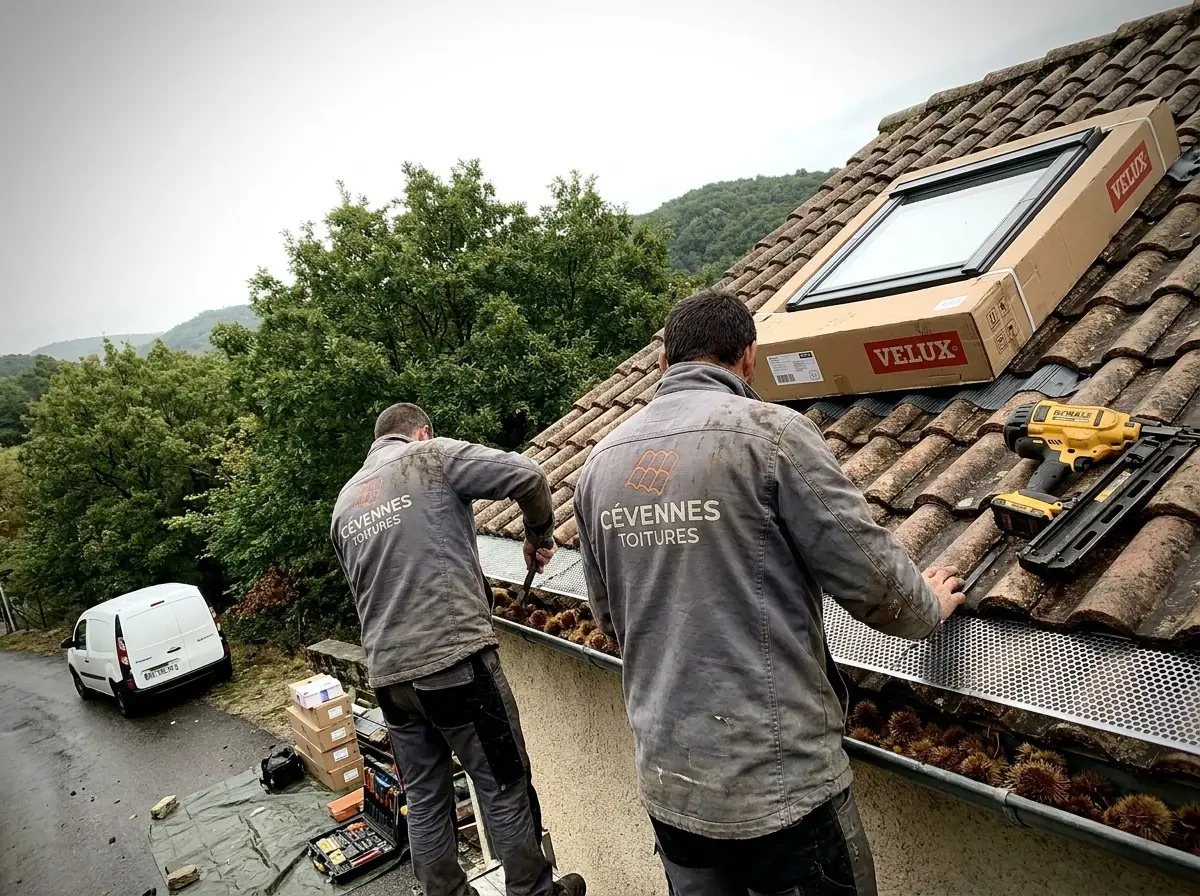 Deux couvreurs de Cévennes Toitures posent une grille de gouttière et une fenêtre de toit Velux sur une maison près d'Alès, châtaigniers autour